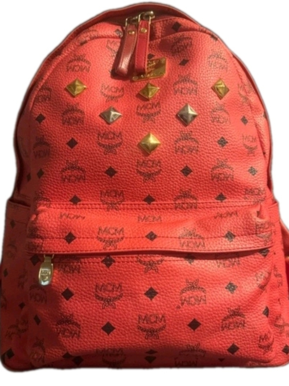 MCM Redish/ Pink Leather FULL Size Studded Backpack w Gold Hardware (EUC) - Picture 1 of 17